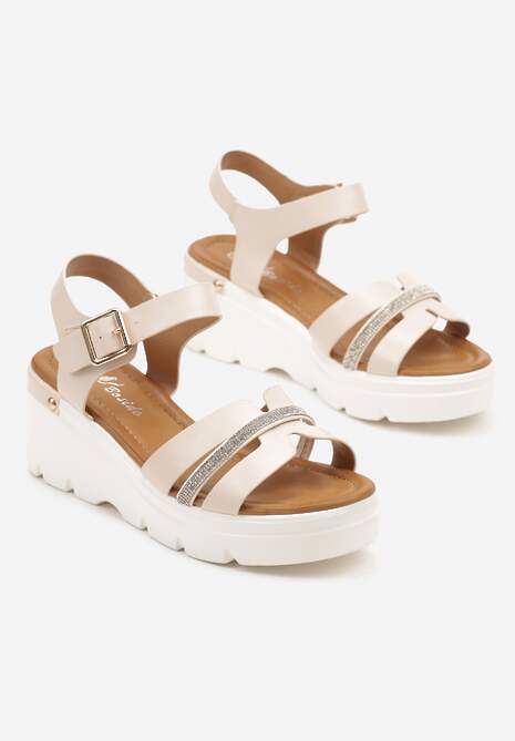 Beżowe Sandały na Koturnie z Paseczkiem z Cyrkoniami Lisindra