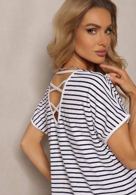 Biało-Granatowa  Sukienka w Paski z Bawełny o Prostym Kroju z Wycięciem na Plecach z Ozdobnymi Paskami Birosa