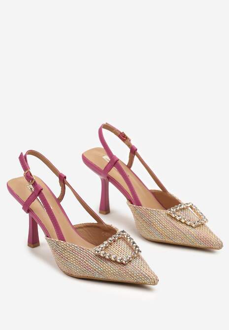 Beżowo-Fuksjowe Szpilki z Odkrytą Piętą Plecioną Cholewką i Metaliczną Ozdobą Neltina