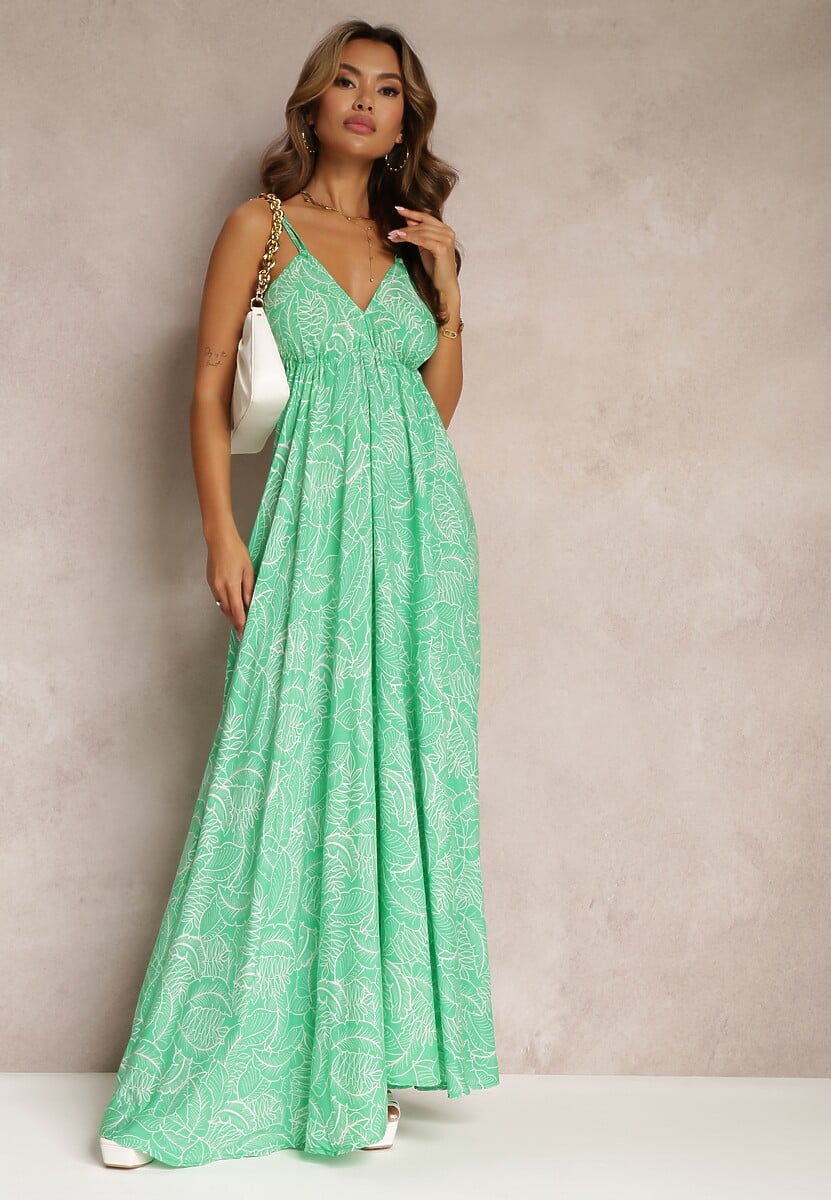 Zielona Rozkloszowana Sukienka Wiązana na Szyi z Wiskozy Frederica