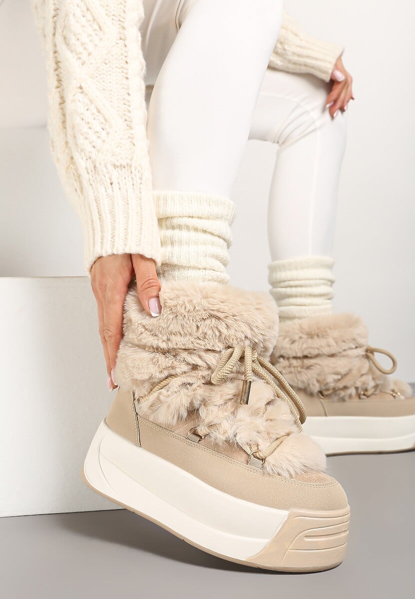 Ciemnobeżowe Futerkowe Śniegowce Wsuwane na Platformie z Imitacją Sznurówek Linettia