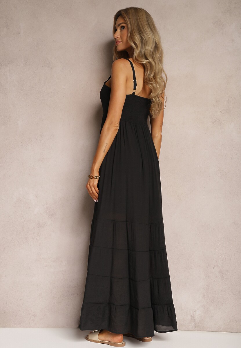 Czarna Sukienka z Dodatkiem Bawełny na Ramiączkach z Regulacją oraz Gumką z Tyłu Tinanoras