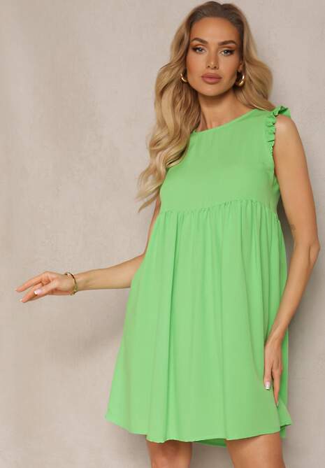 Jasnozielona Sukienka z Wiskozy z Falbanką przy Rękawie i Wiązaniem z Tyłu Mloelia