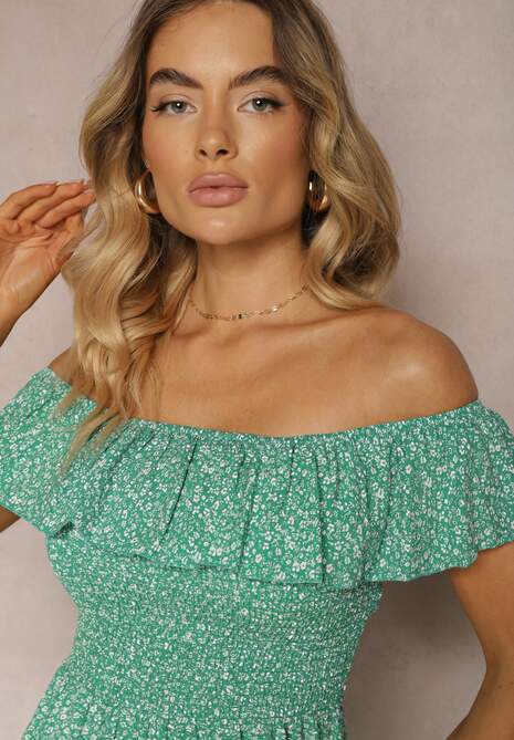 Zielona Kwiecista Sukienka Hiszpanka z Bawełny z Gumką w Pasie Nevima