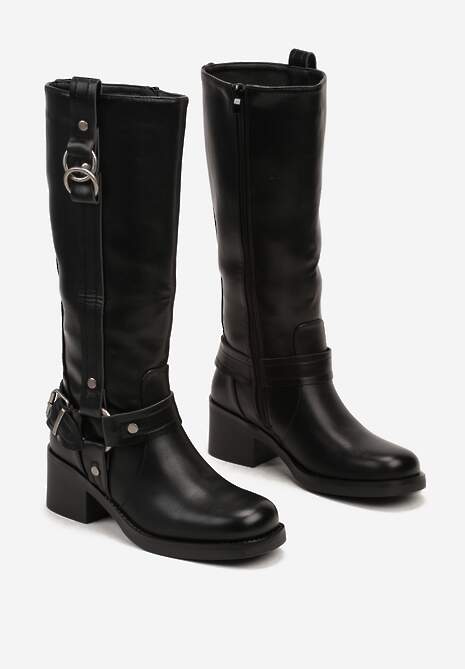 Czarne Kozaki na Słupku w Stylu Bikerów z Klamrami Velarisea