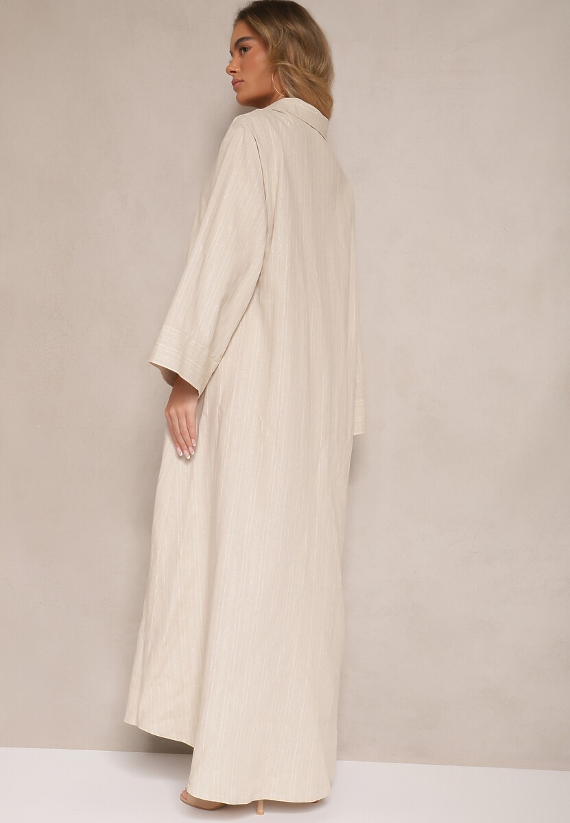 Beżowa Pudełkowa Sukienka z Lnem o Koszulowym Kroju Mirloti