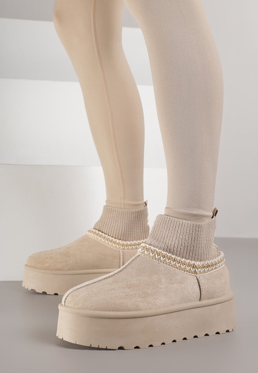 Beżowe Śniegowce VICES na Platformie ze Skarpetkową Cholewką i Haftem Ebentia