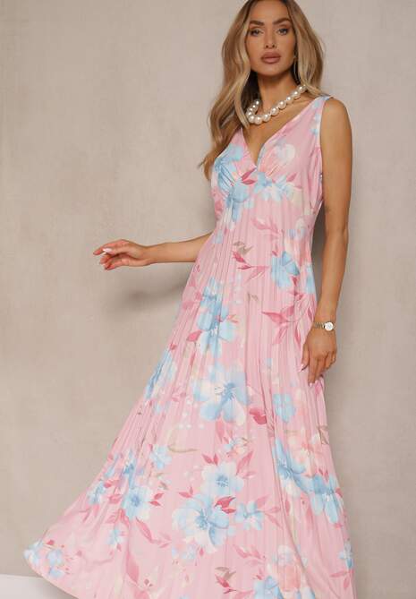 Różowa Plisowana Sukienka o Rozkloszowanym Fasonie na Szerokich Ramiączkach Nitanela