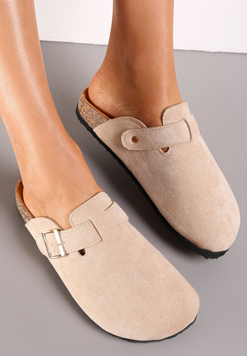 Beżowe Klapki na Płaskiej Podeszwie z Korka z Klamerką i Okrągłym Noskiem Shamsa