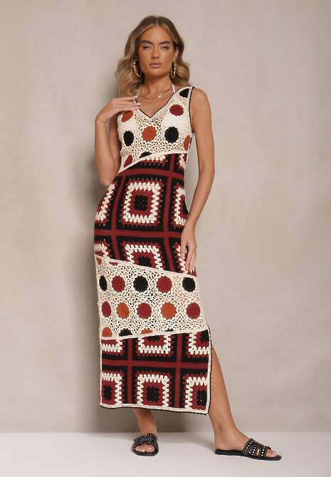 Beżowo-Brązowa Szydełkowa Sukienka z Bawełny o Dopasowanym Fasonie Atenissa