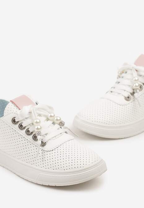 Biało-Różowe Tenisówki Zdobione Perforacją i Aplikacjami z Cyrkonii i Pereł Pasurelia