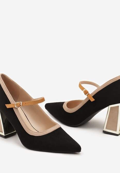 Czarne Czółenka na Słupku z Metaliczną Wstawką i Paskiem Linnelea