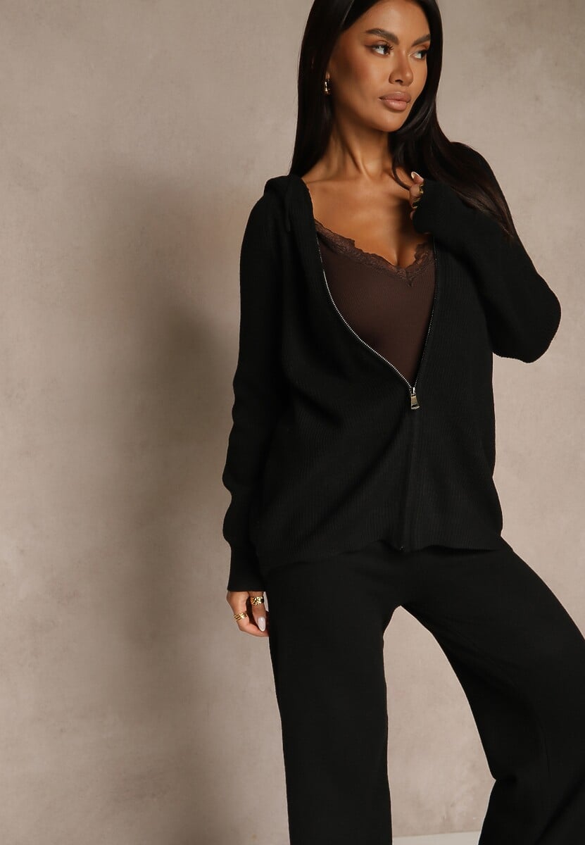 Brązowy Dzianinowy Komplet Dresowy z Wełną Bluza z Kapturem i Spodnie Essana