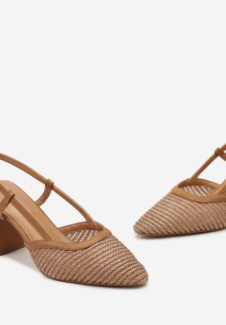 Brązowe Czółenka w Szpic na Kwadratowym Słupku z Ażurową Cholewką Paviotta