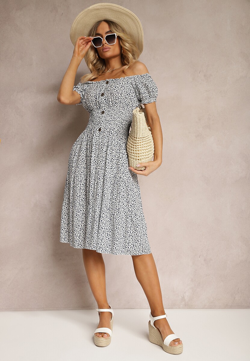 Biało-Granatowa Kwiecista Sukienka z Bawełny z Gumkami w Pasie Herata