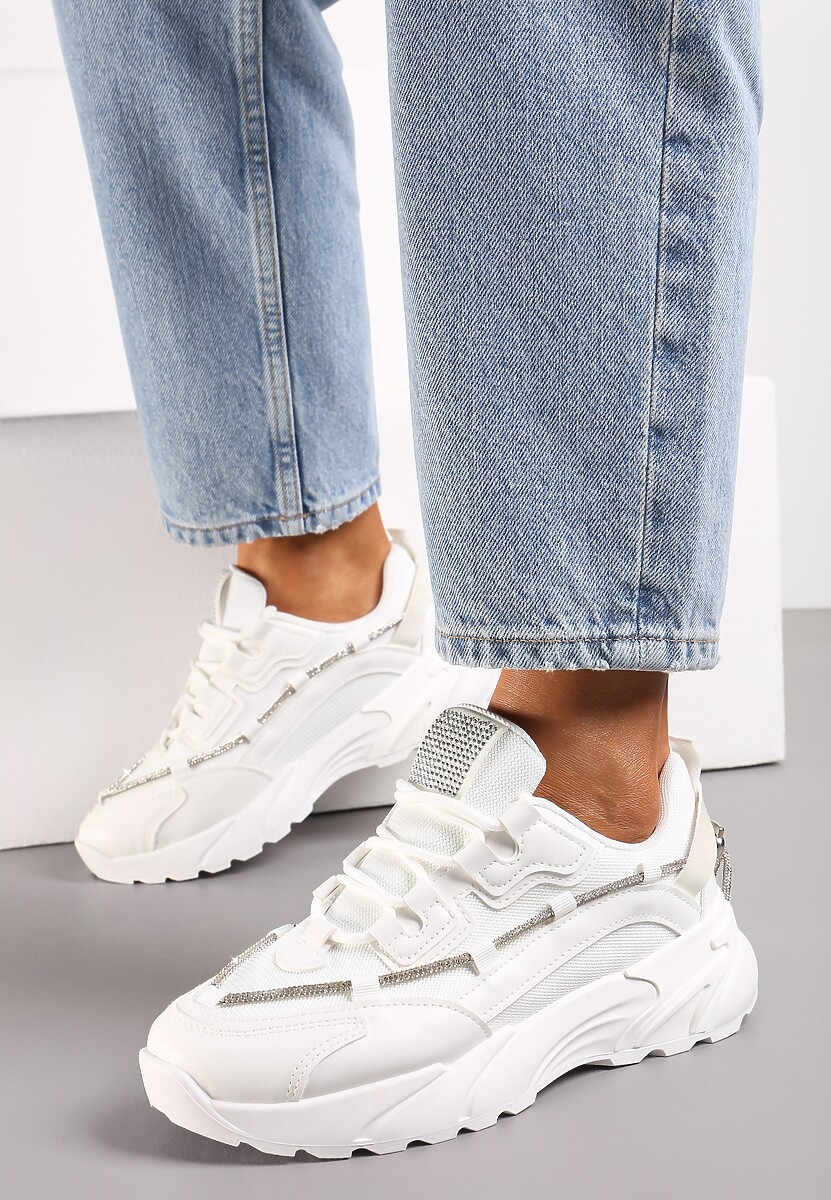 Białe Sneakersy  z Ozdobnym Sznurkiem z Cyrkoniami Saerina