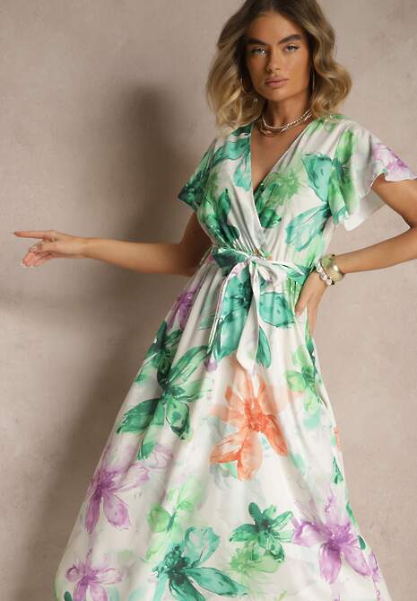 Ciemnozielona Kopertowa Sukienka z Wiązanym Paskiem w Kwiatowy Wzór Redellira