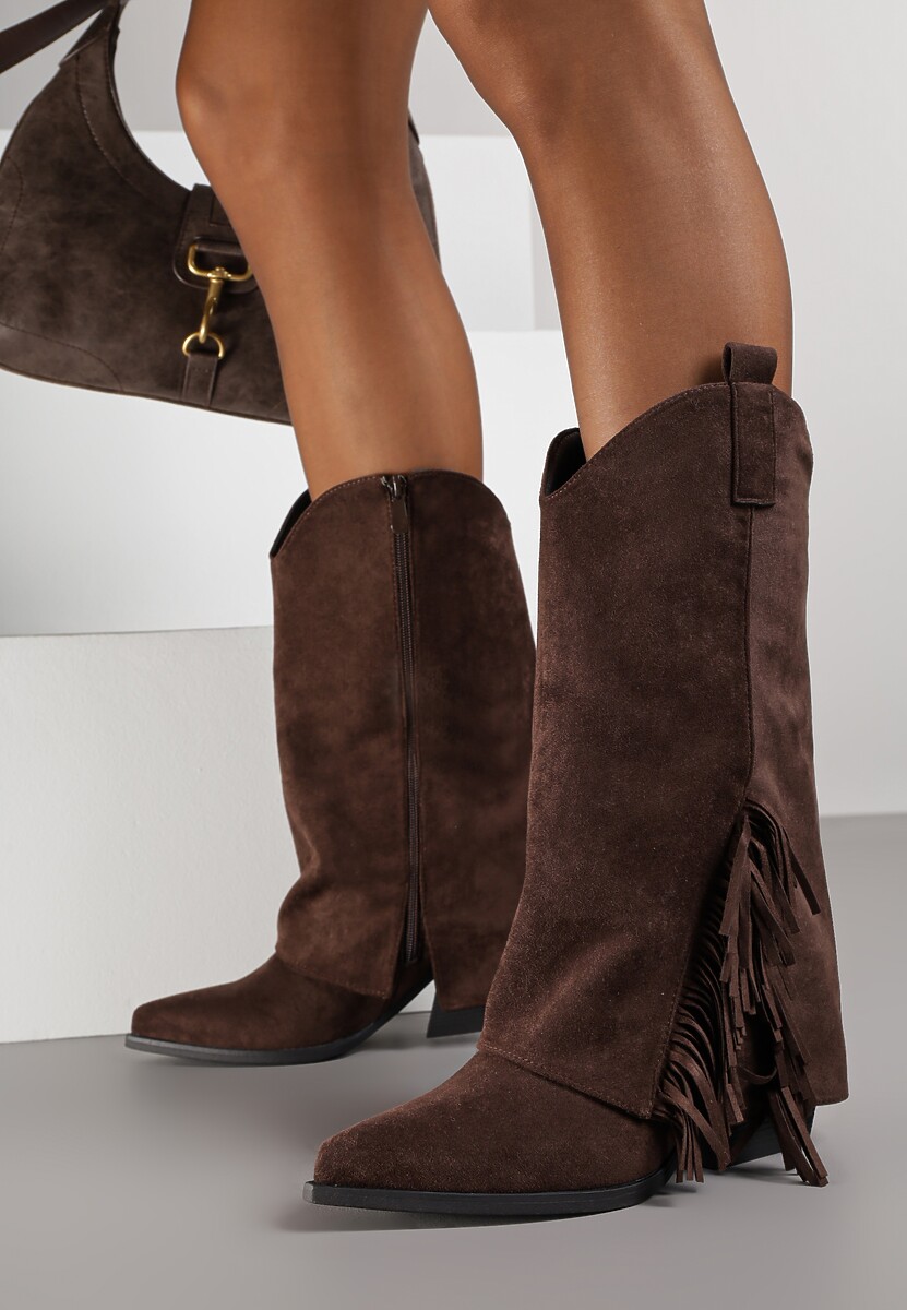 Brązowe Botki Kowbojki na Stożku Ozdobione Frędzlami Reielle
