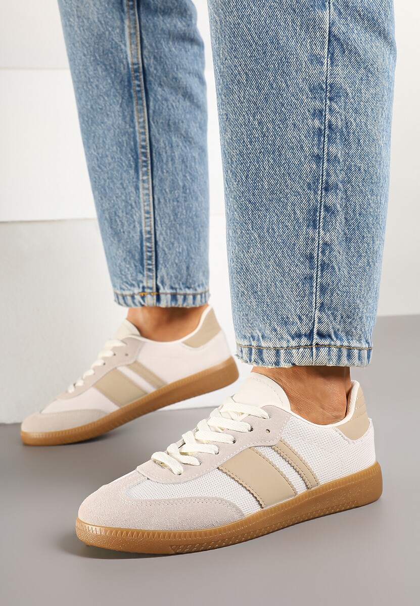 Beżowe Sneakersy na Kauczukowej Podeszwie Ozdobione Paskami Emidi