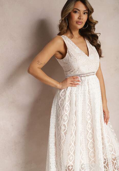 Jasnobeżowa Plisowana Sukienka na Ramiączkach z Ozdobnym Wzorem i Suwakiem Mirilla