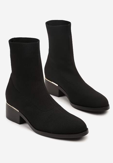 Czarne Skarpetkowe Botki na Niskim Obcasie z Metaliczną Aplikacją Ezrivess