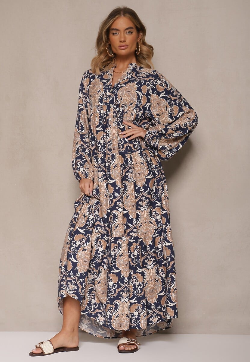 Niebieska Rozkloszowana Sukienka z Wiskozy z Dekoltem w Kształcie Litery V Atenavela