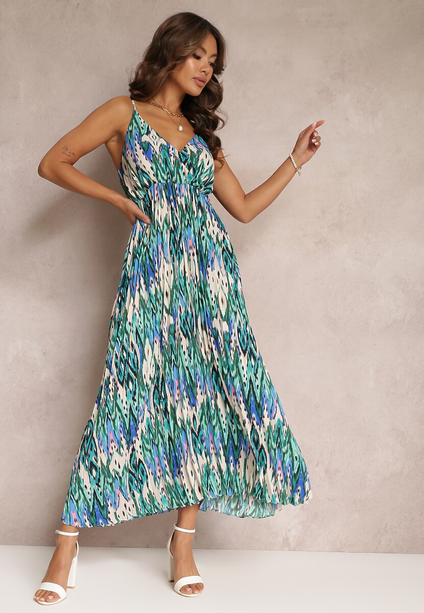 Czerwono-Niebieska Plisowana Sukienka Maxi z Gumką w Talii i Kopertowym Dekoltem Iralle