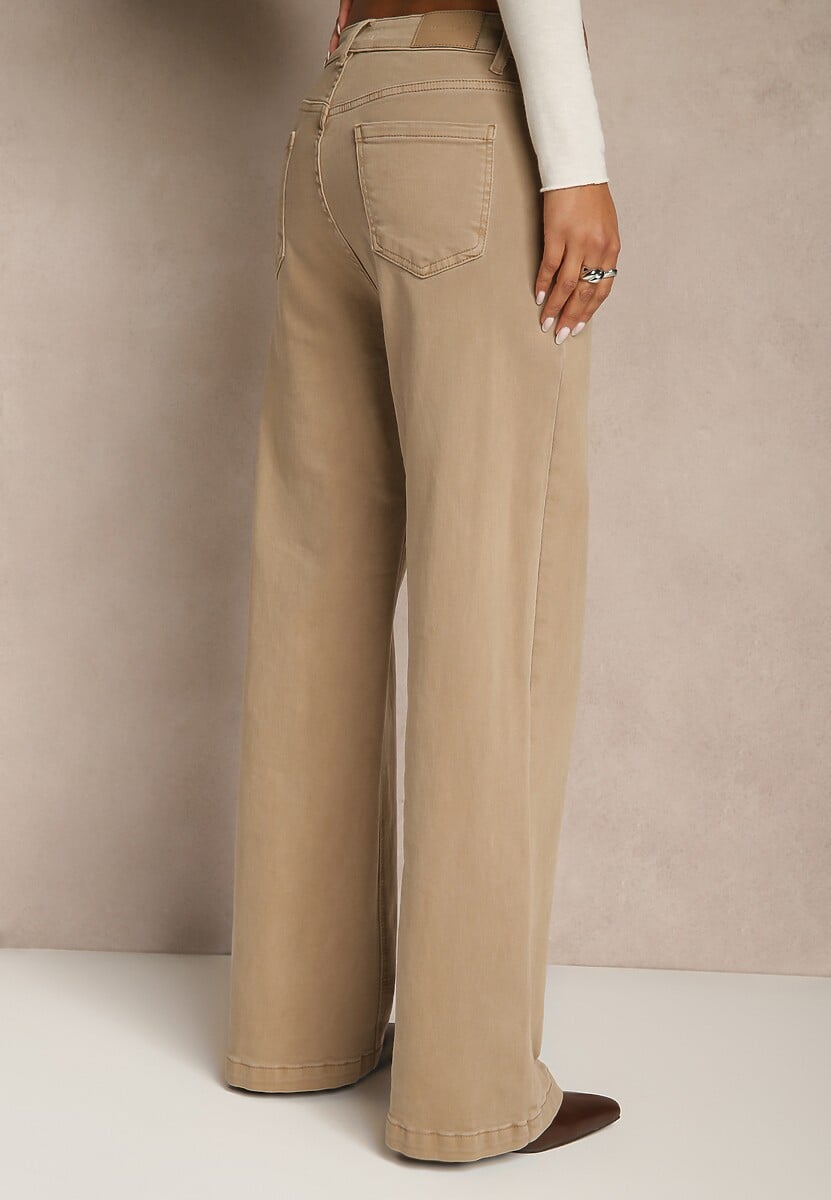 Beżowe Bawełniane Jeansy Regular Waist z Szerokimi Nogawkami Nindria