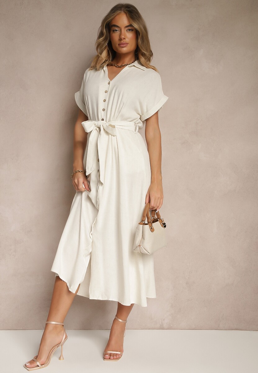 Jasnobeżowa Sukienka z Wiskozy i Lnu o Koszulowym Kroju z Paskiem Efralissea