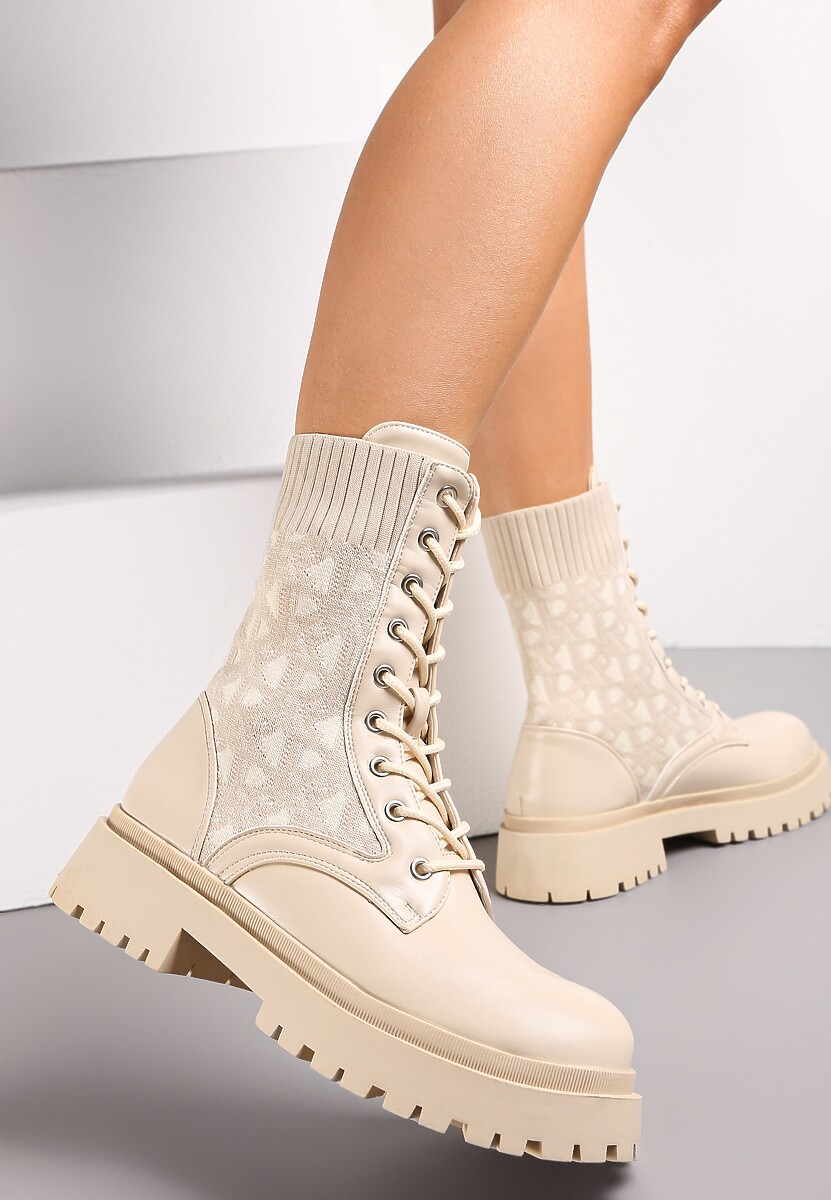 Beżowe Botki Workery z Elastyczną Cholewką Sznurowane Eideia