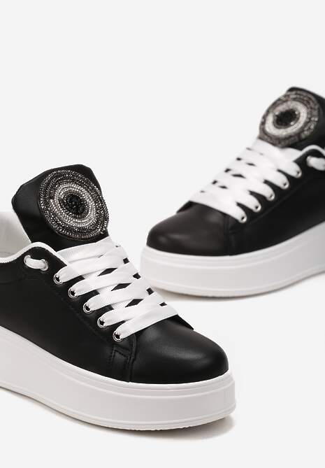 Czarne Sneakersy na Platformie z Cyrkoniami na Szerokim Języku Esirel