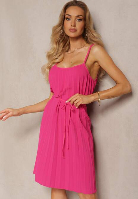Fuksjowa Rozkloszowana Sukienka na Regulowanych Ramiączkach z Materiałowym Paskiem Liavara