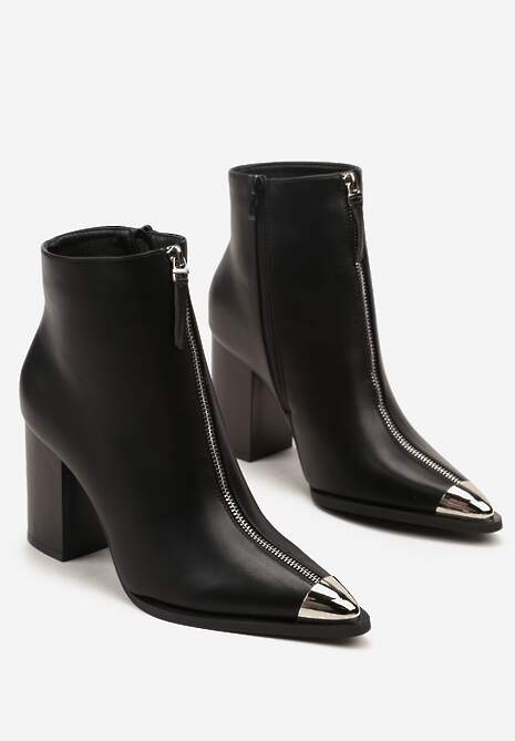 Czarne Botki na Słupkowym Obcasie z Metaliczną Aplikacją na Nosku Rilissea