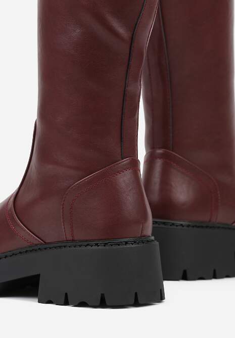 Bordowe Kozaki VICES na Platformie z Tłoczonym Zdobieniem przy Cholewce Uniresa