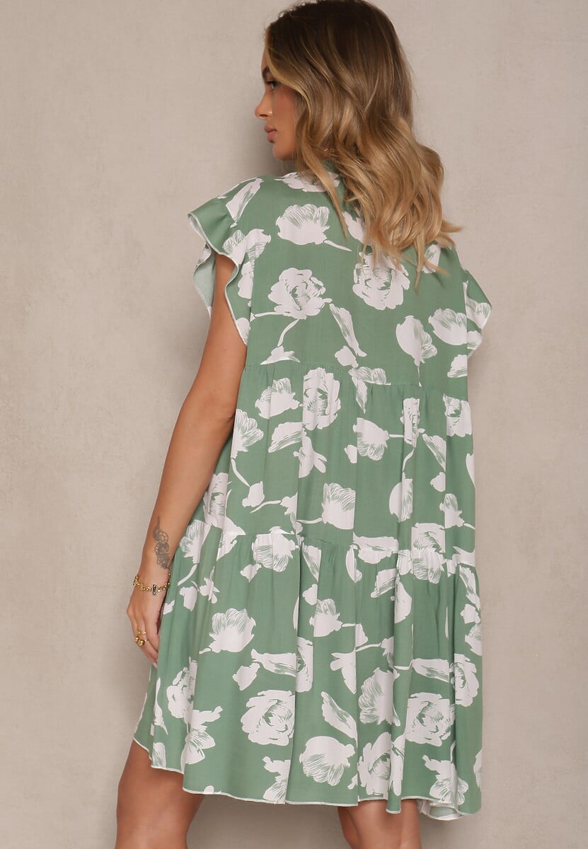 Zielona Sukienka z Bawełny Ozdobiona Kwiatami Liranea
