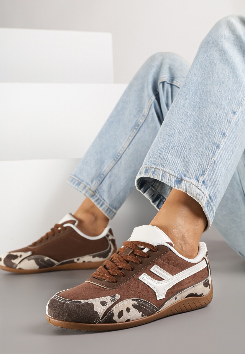 Brązowe Sneakersy z Geometrycznym Motywem i Wzorem w Łaty Arpolia