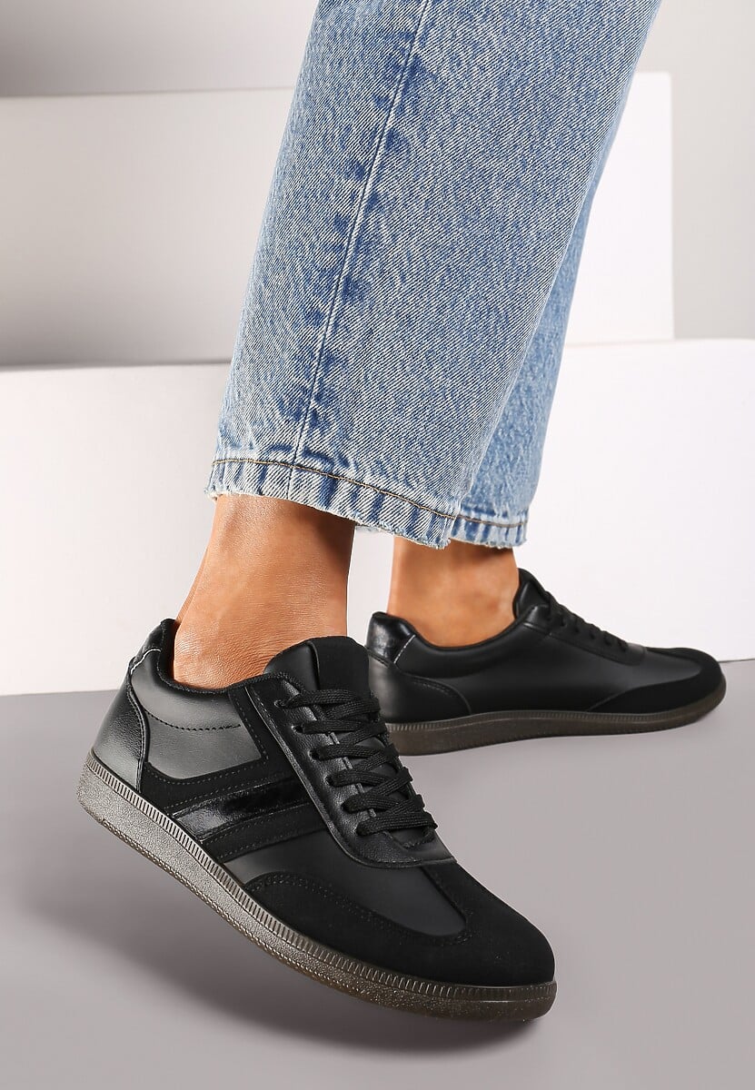 Czarne Casualowe Sneakersy z Geometrycznymi Wzorami i Kontrastowymi Przeszyciami Riandrea