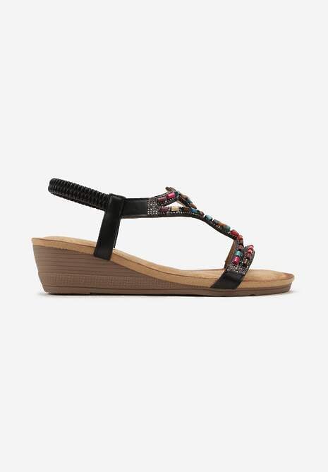 Czarne Sandały na Koturnie z Elastycznym Paskiem i Kryształkami Ghasta