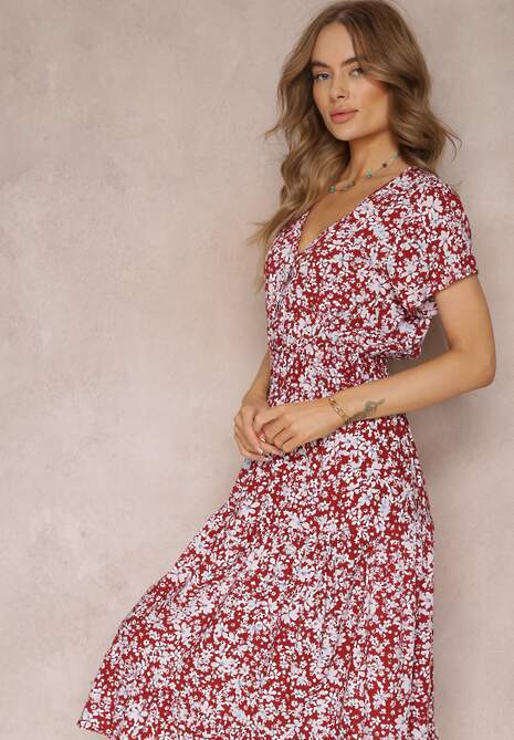 Czerwona Bawełniana Sukienka z Guzikami Przy Dekolcie i Gumką w Pasie Grasita