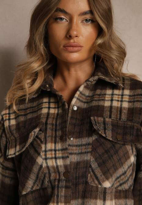 Brązowa Koszulowa Kurtka w Kratę Emitila