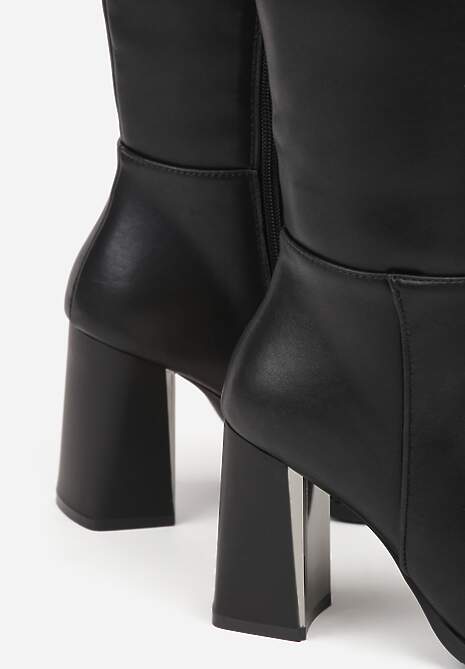 Czarne Kozaki VICES do Kolana ze Skóry Naturalnej na Metalicznym Słupku Zenilla