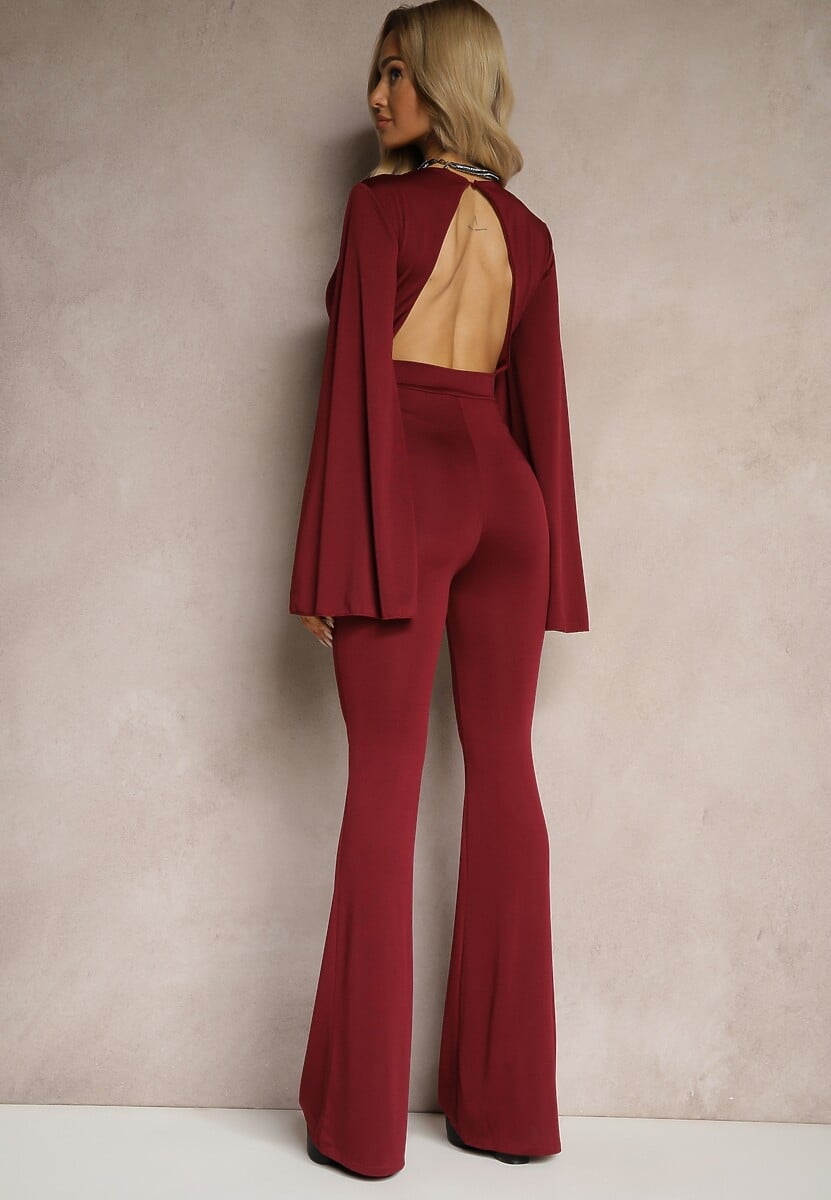 Bordowy Dopasowany Kombinezon z Rozkloszowanymi Rękawami i Głębokim Dekoltem Andrika