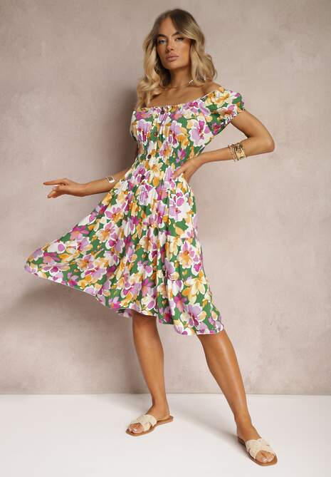 Zielono-Różowa Taliowana Sukienka z Bawełny Wykończona Gumką w Talii i Guzikami Nelianne