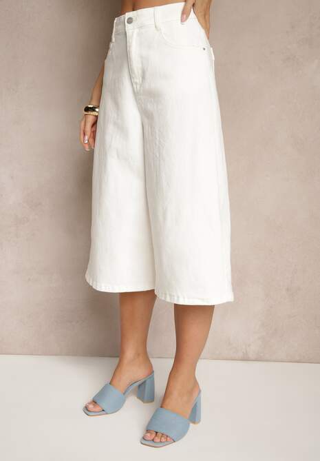 Białe Szorty Jeansowe High Waist Typu Bermudy Baggy Sonallea