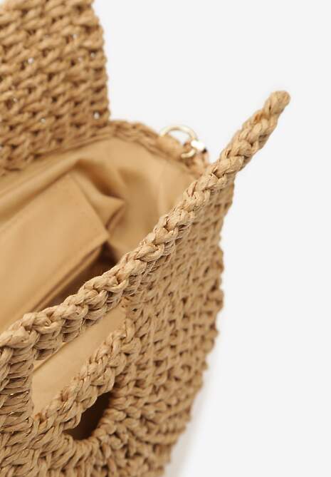 Ciemnobeżowa Jednokomorowa Pleciona Torebka o Półokrągłym Kształcie z Rączkami i Paskiem Iknunia