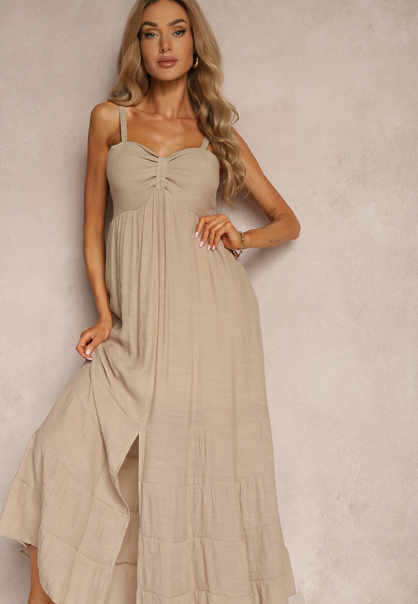 Jasnozielona Sukienka z Dodatkiem Bawełny na Ramiączkach z Regulacją oraz Gumką z Tyłu Tinanoras