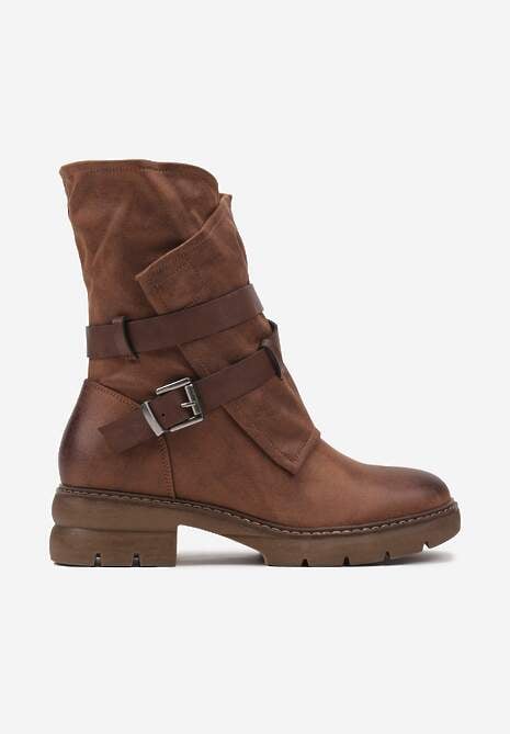 Brązowe Botki z Nieregularną Cholewką Zdobioną Paskami i Sprzączkami Zinbelle
