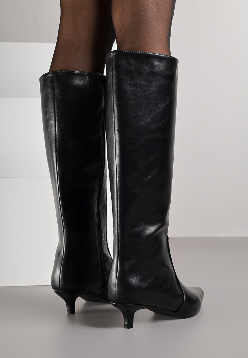 Czarne Kozaki do Kolana w Eleganckim Stylu na Niskiej Kaczuszce Neredia
