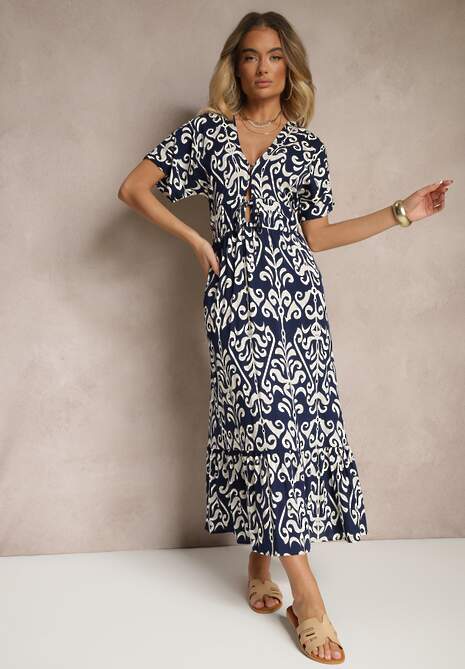 Niebieska Wiskozowa Sukienka z Abstrakcyjnym Wzorem Tuledia