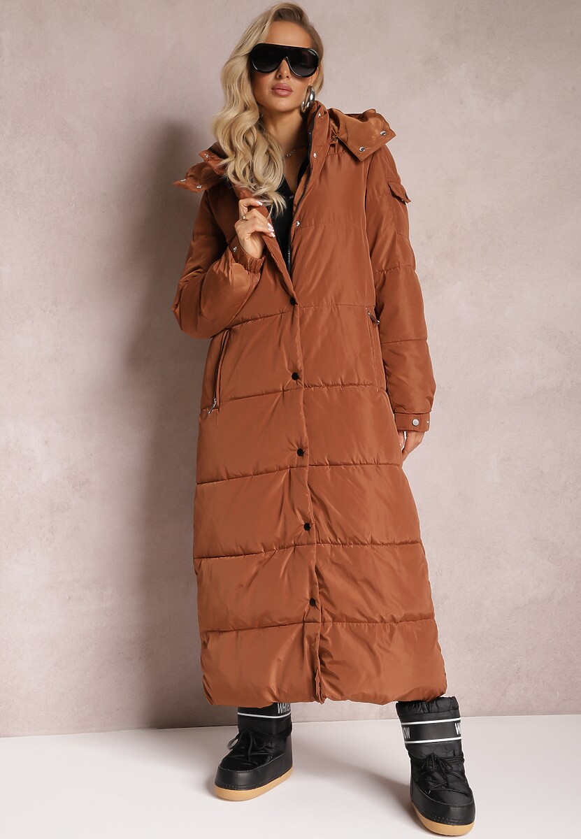 Brązowa Długa Kurtka Płaszcz z Pikowaniem i Odpinanym Kapturem Mystaris